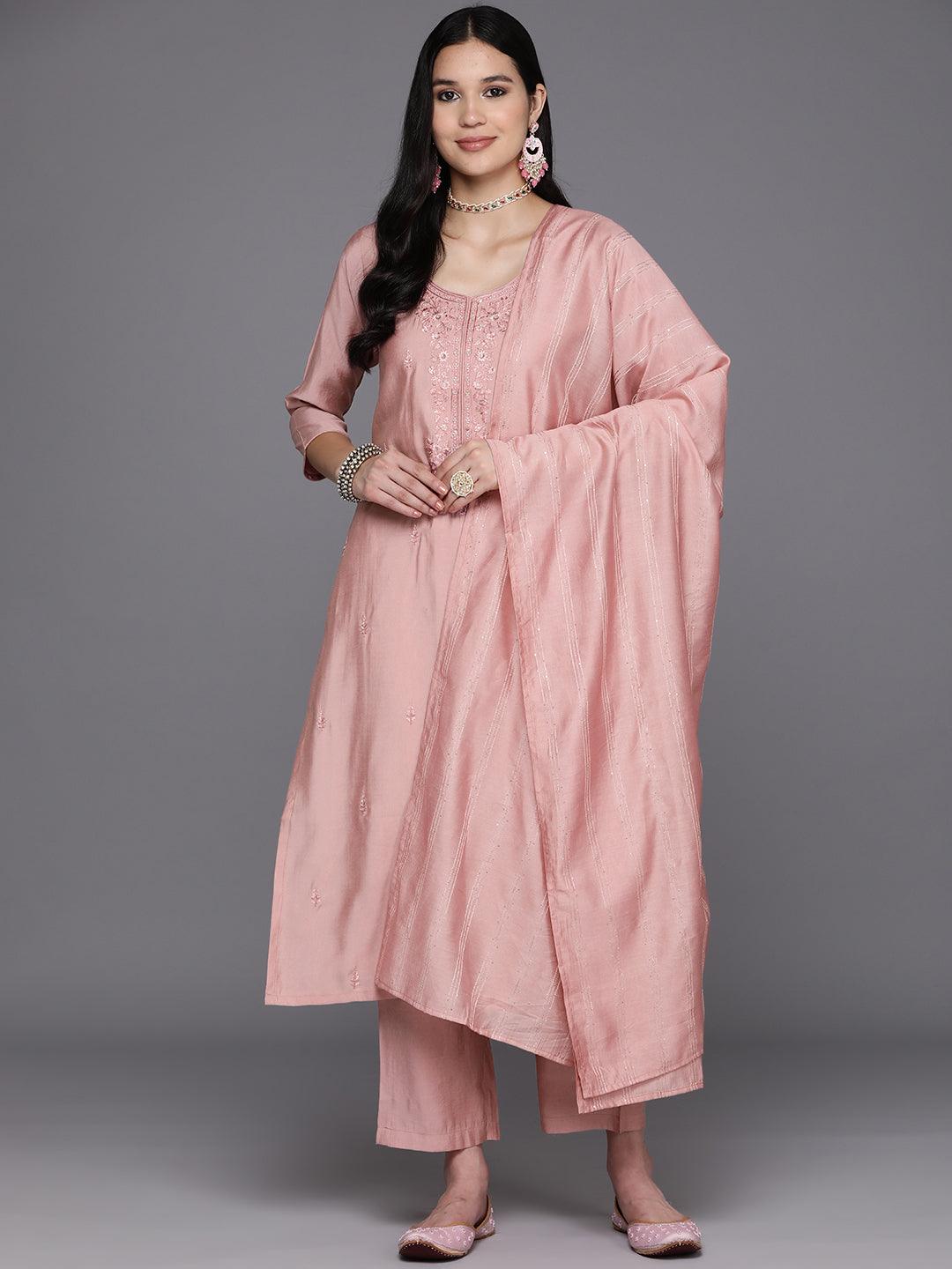 Pink Printed Silk Blend Straight Kurta With Trousers & Dupatta - Jashvi