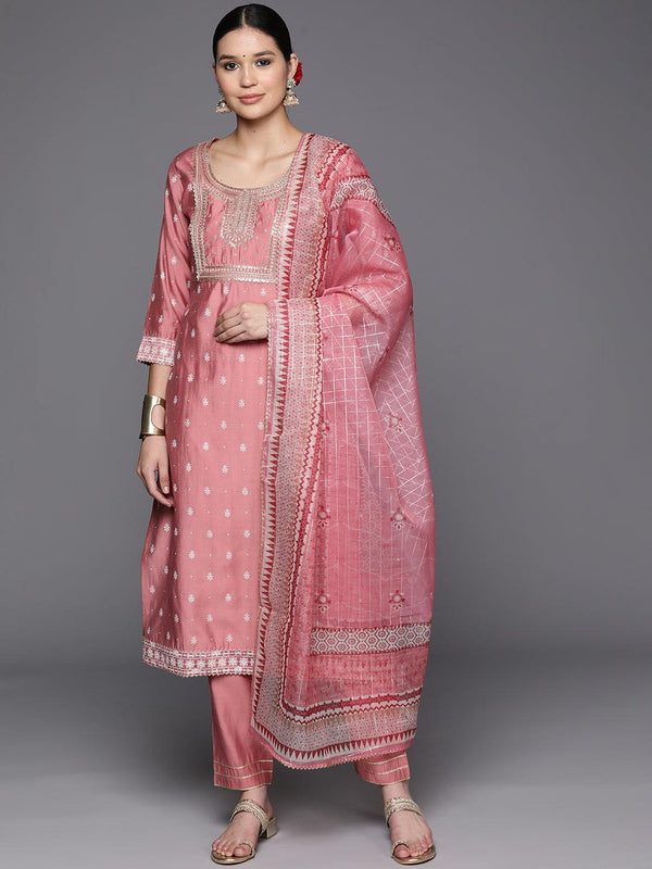 Pink Printed Silk Blend Straight Kurta With Trousers & Dupatta - Jashvi