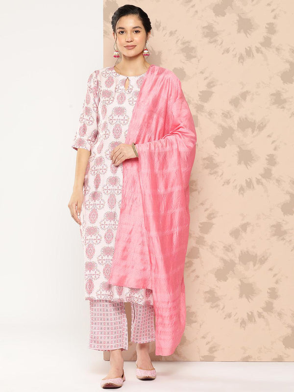 Pink Printed Silk Blend Straight Kurta With Trousers and Dupatta - Jashvi