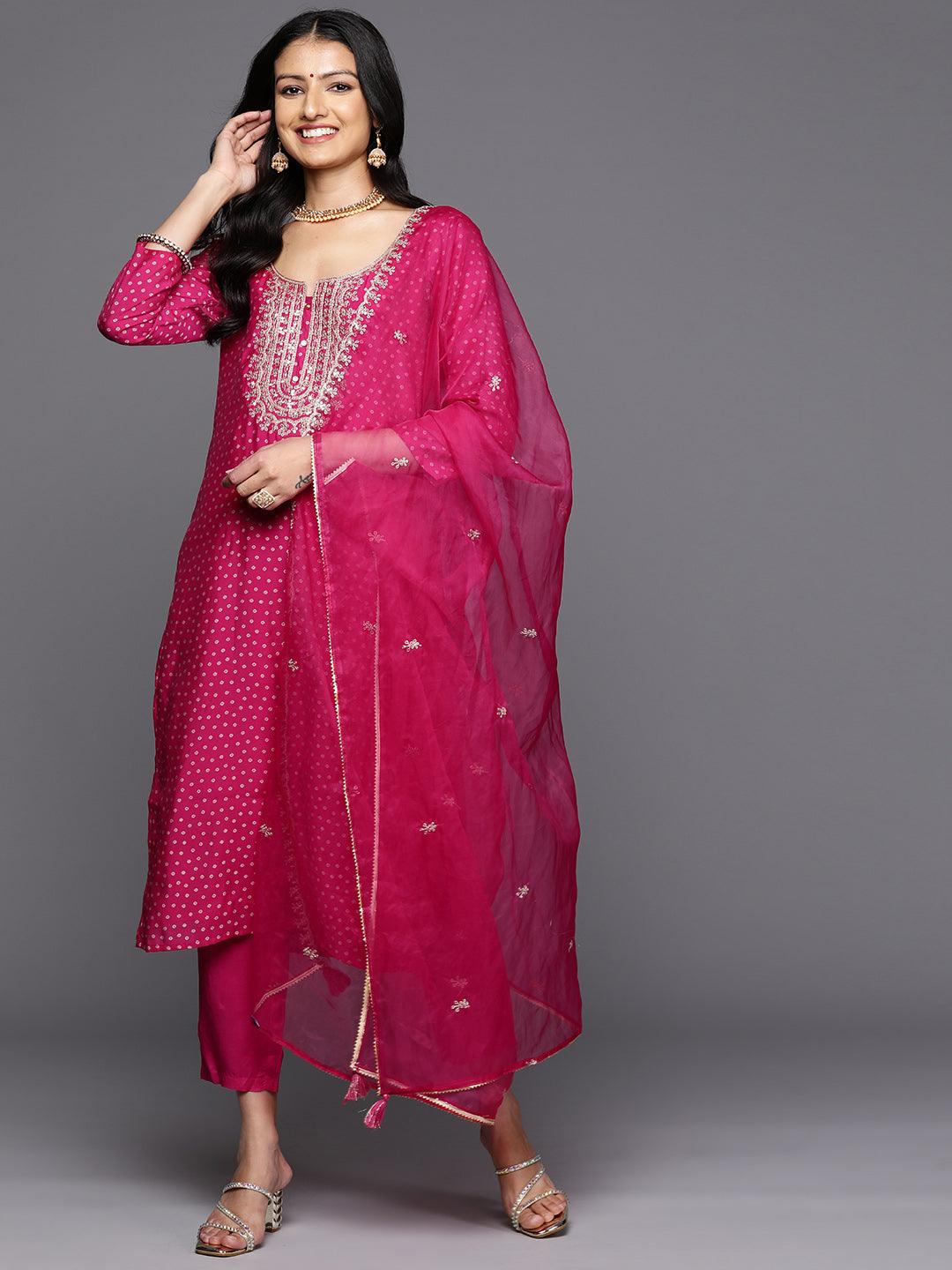 Pink Printed Silk Blend Straight Kurta With Trousers & Dupatta - Jashvi