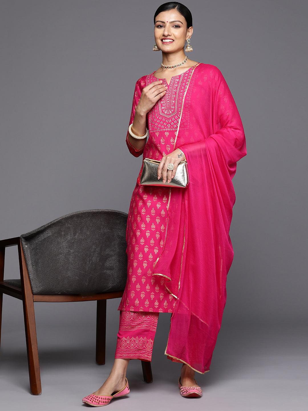 Pink Printed Silk Blend Straight Kurta With Trousers & Dupatta - Jashvi