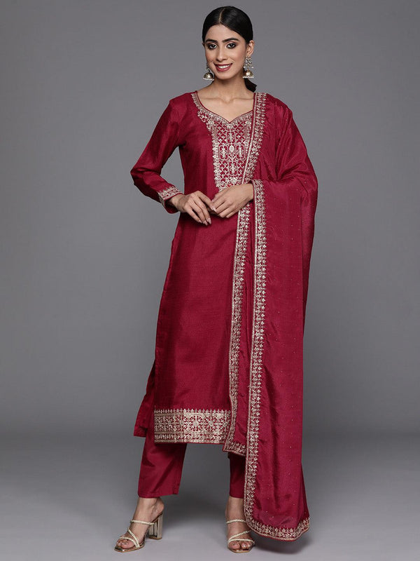 Pink Printed Silk Blend Straight Kurta With Trousers & Dupatta - Jashvi