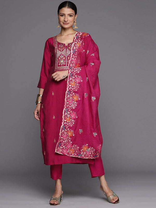 Pink Printed Silk Blend Straight Kurta With Trousers & Dupatta - Jashvi