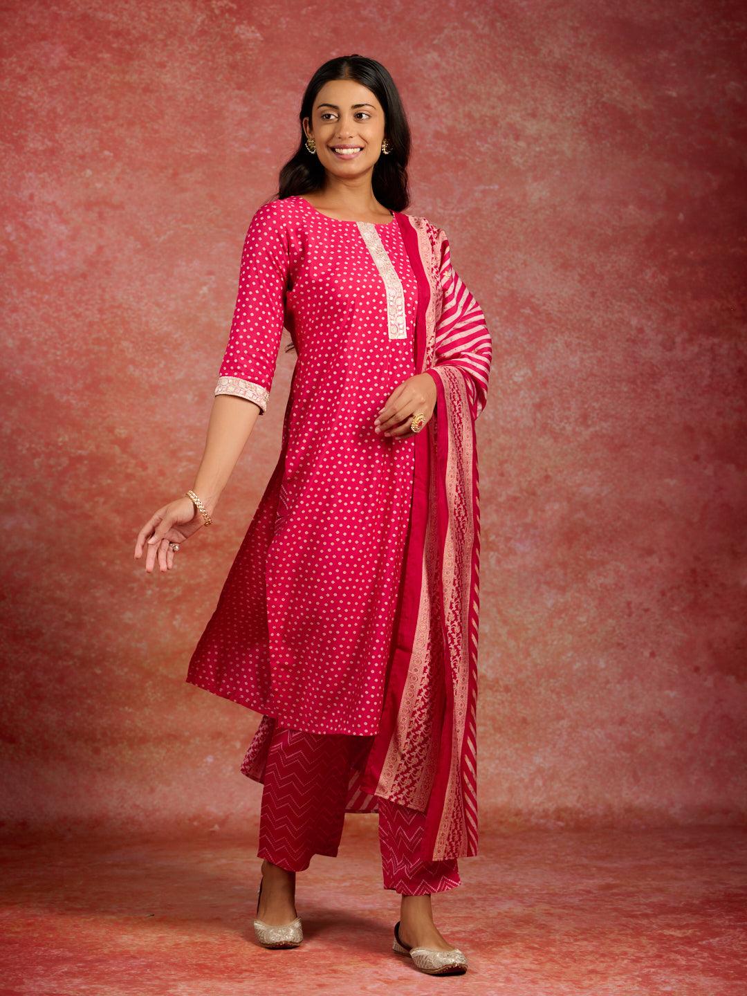 Pink Printed Silk Blend Straight Kurta With Trousers & Dupatta - Jashvi