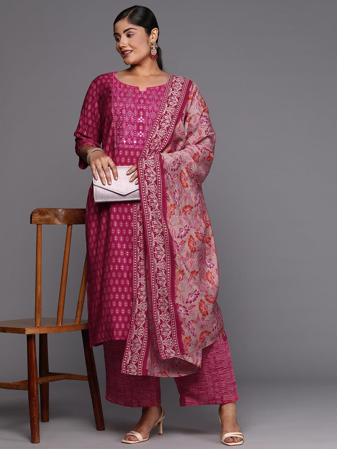 Pink Printed Silk Blend Straight Kurta With Trousers & Dupatta - Jashvi