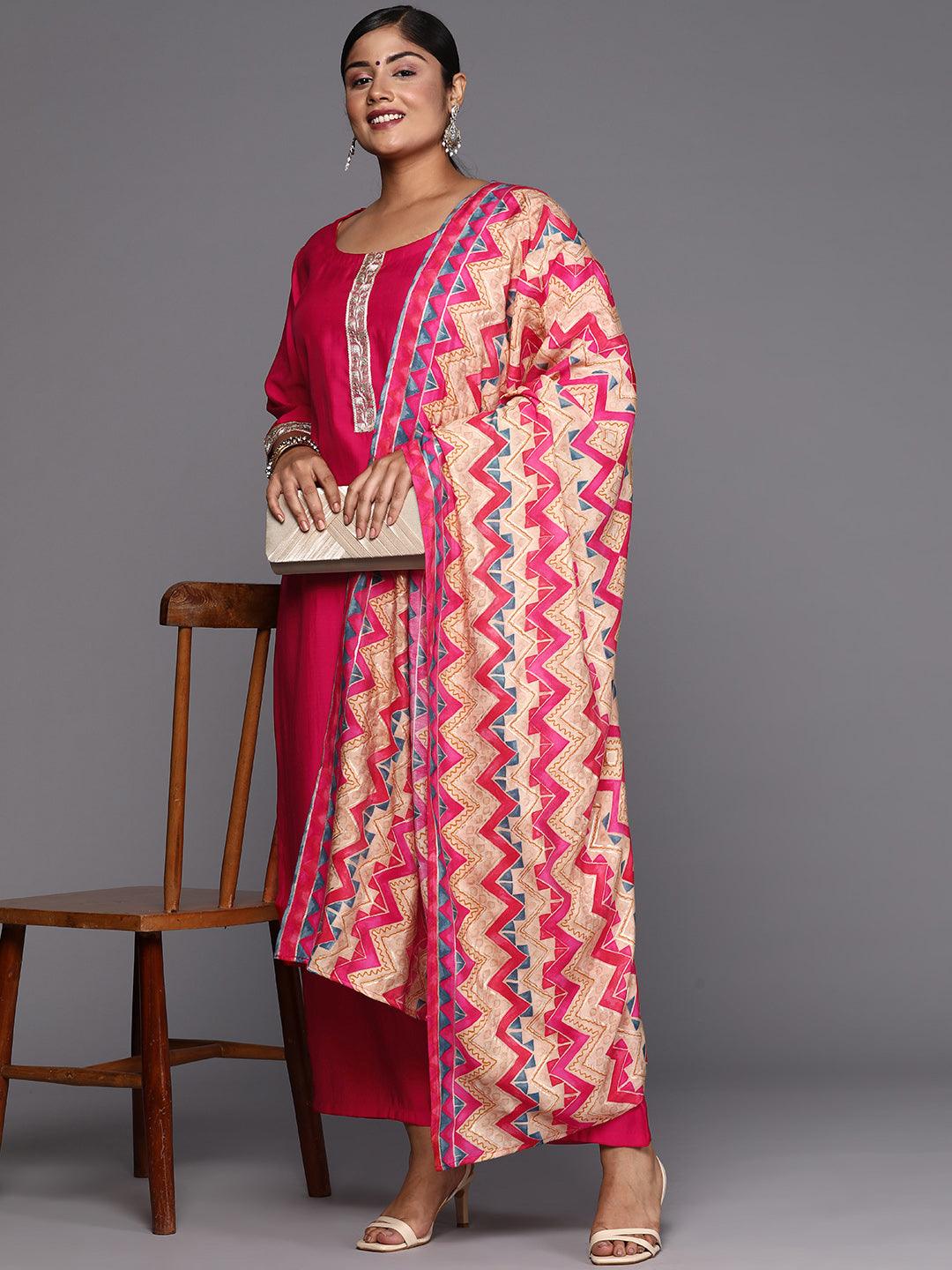 Pink Printed Silk Blend Straight Kurta With Trousers & Dupatta - Jashvi