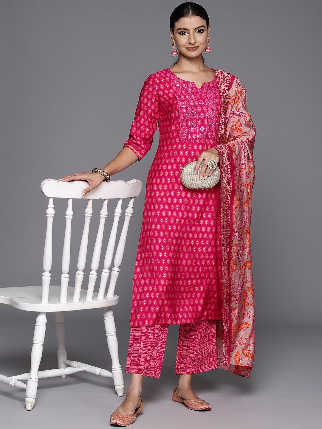 Pink Printed Silk Blend Straight Kurta With Trousers & Dupatta - Jashvi