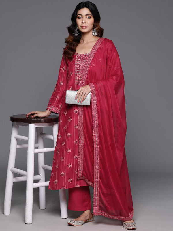 Pink Printed Silk Blend Straight Kurta With Trousers & Dupatta - Jashvi