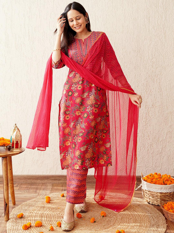 Pink Printed Silk Blend Straight Kurta With Trousers & Dupatta - Jashvi