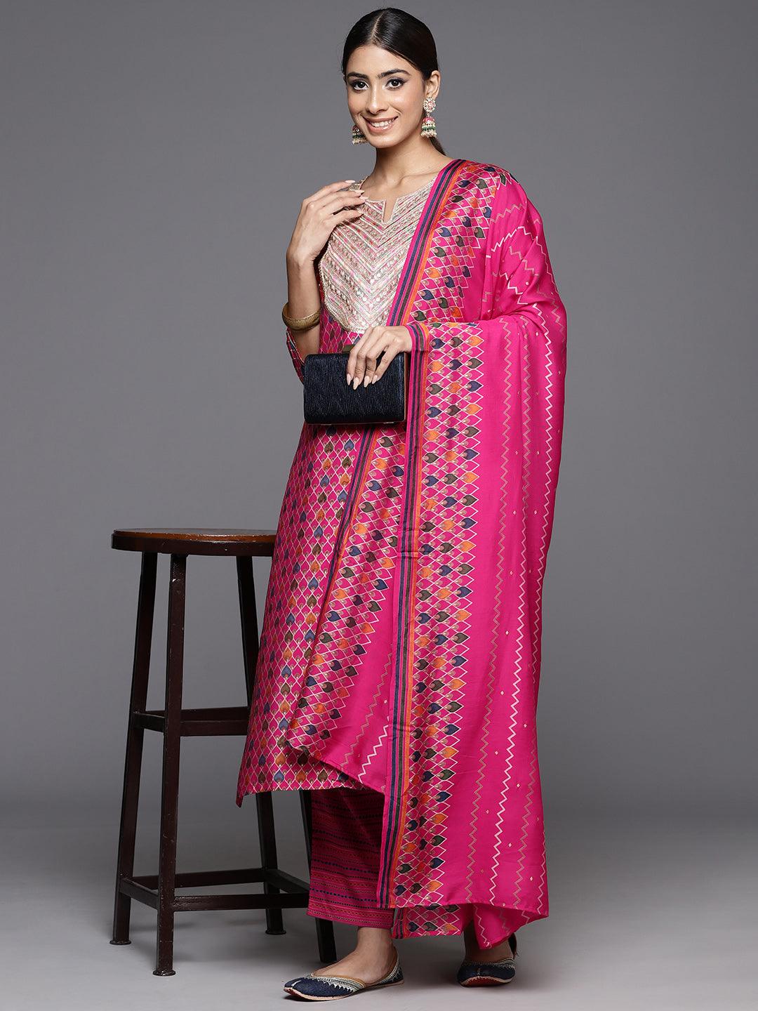 Pink Printed Silk Blend Straight Kurta With Trousers & Dupatta - Jashvi