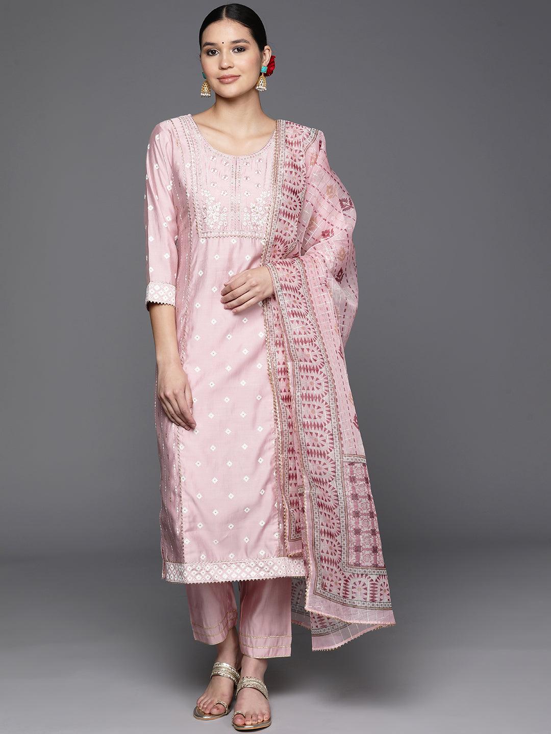 Pink Printed Silk Blend Straight Kurta With Trousers & Dupatta - Jashvi