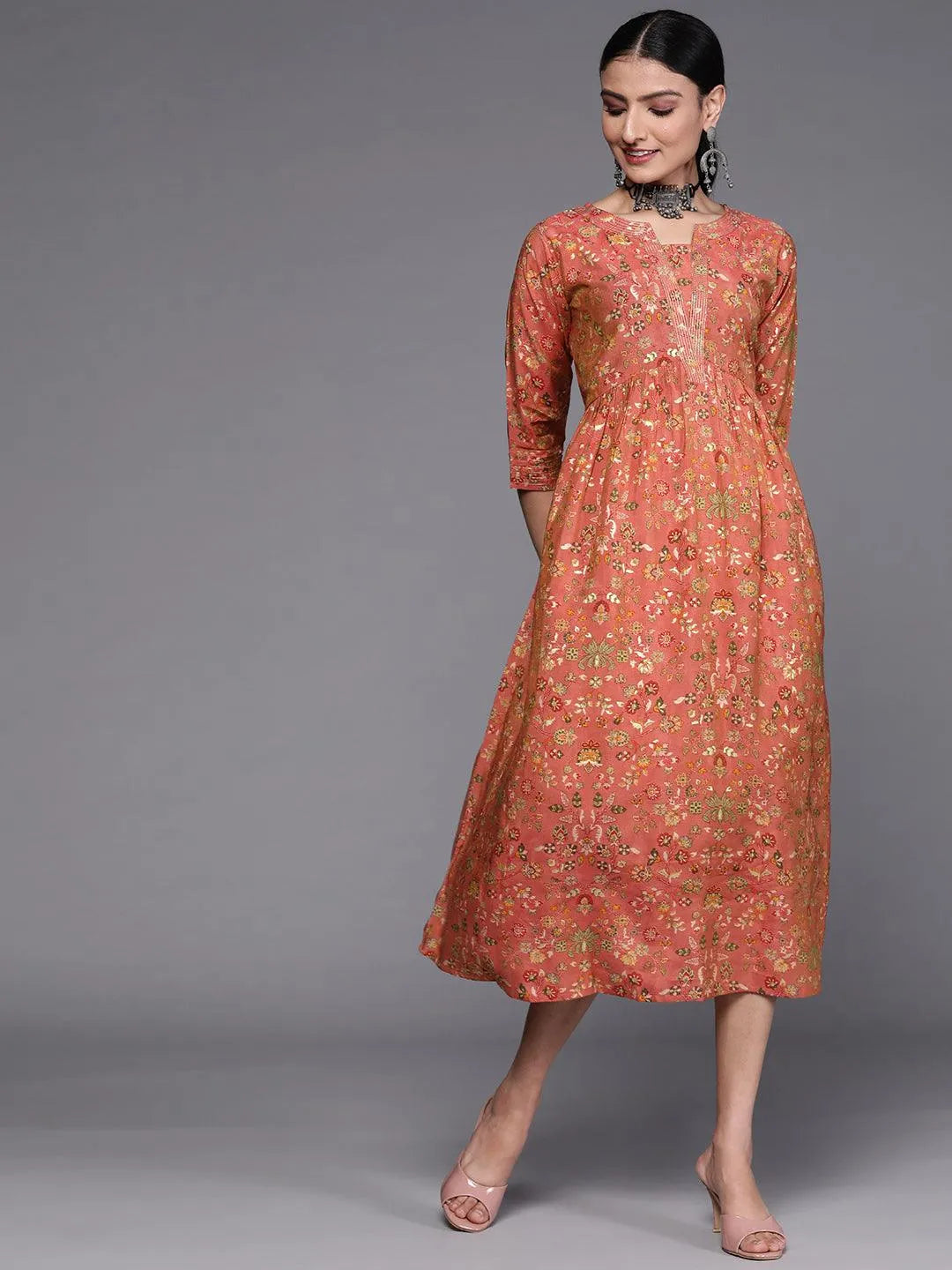 Pink Printed Silk Dress - Jashvi