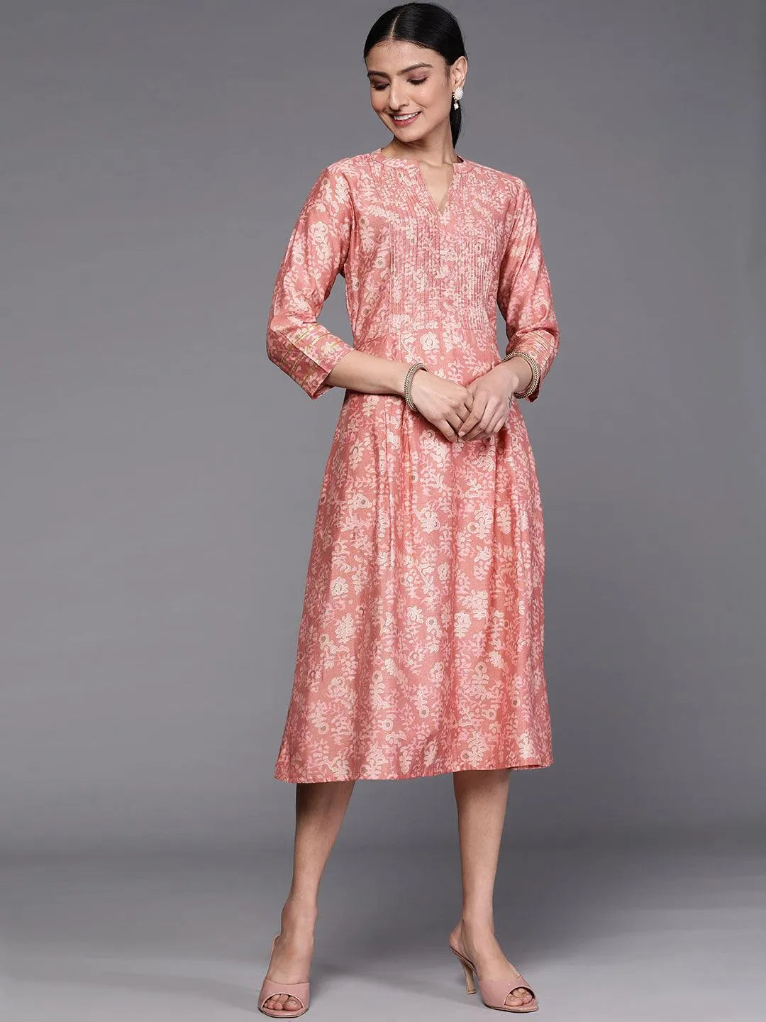 Pink Printed Silk Dress - Jashvi