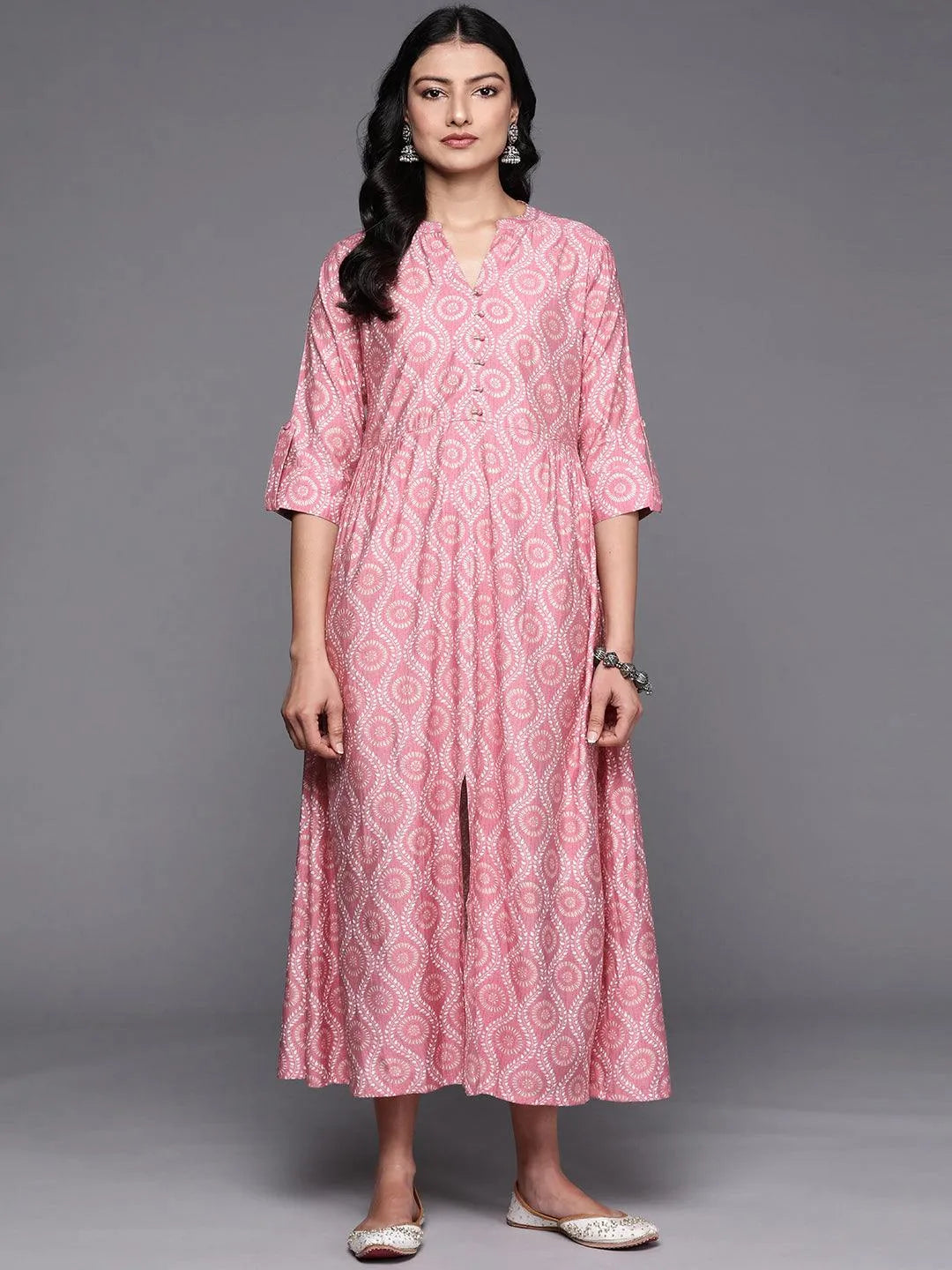 Pink Printed Silk Fit and Flare Dress - Jashvi