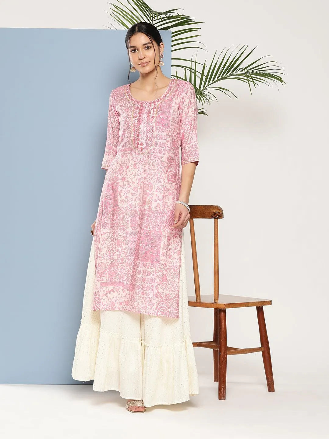 Pink Printed Silk Straight Kurta - Jashvi