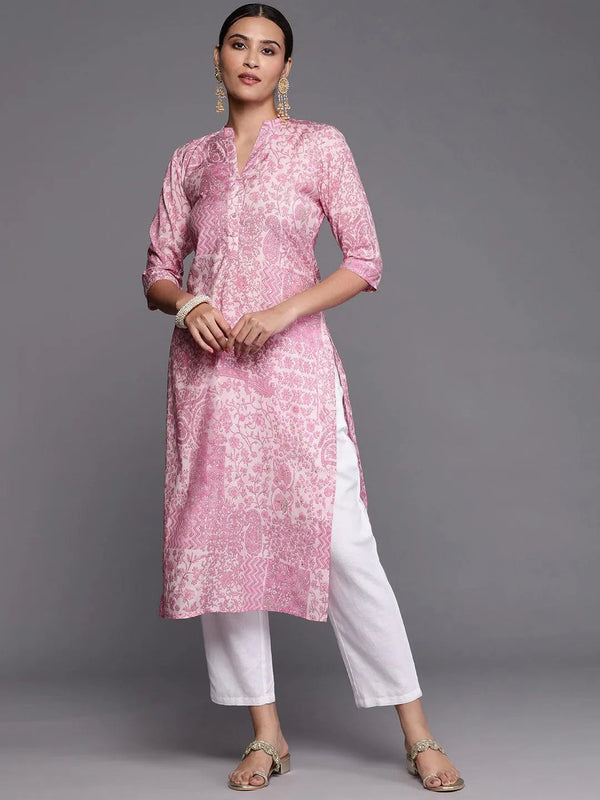 Pink Printed Silk Straight Kurta - Jashvi