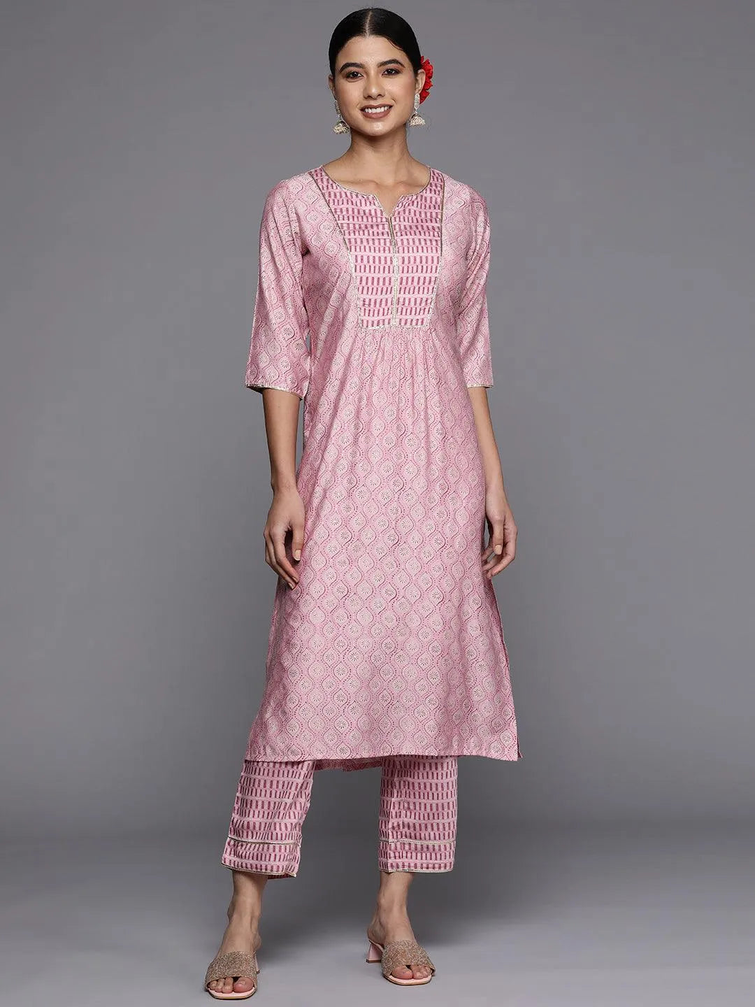 Pink Printed Silk Straight Kurta - Jashvi