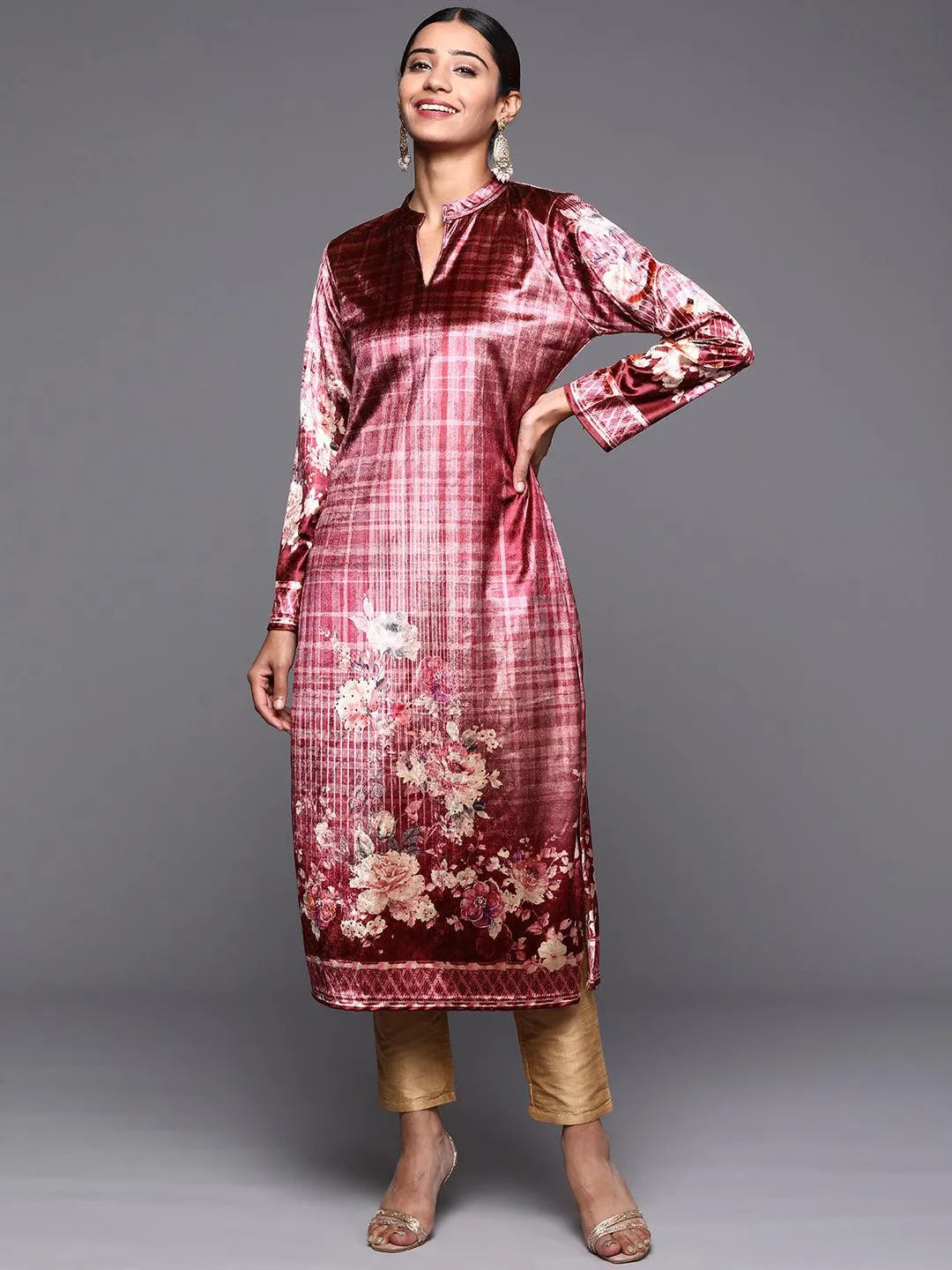 Pink Printed Velvet Straight Kurta - Jashvi