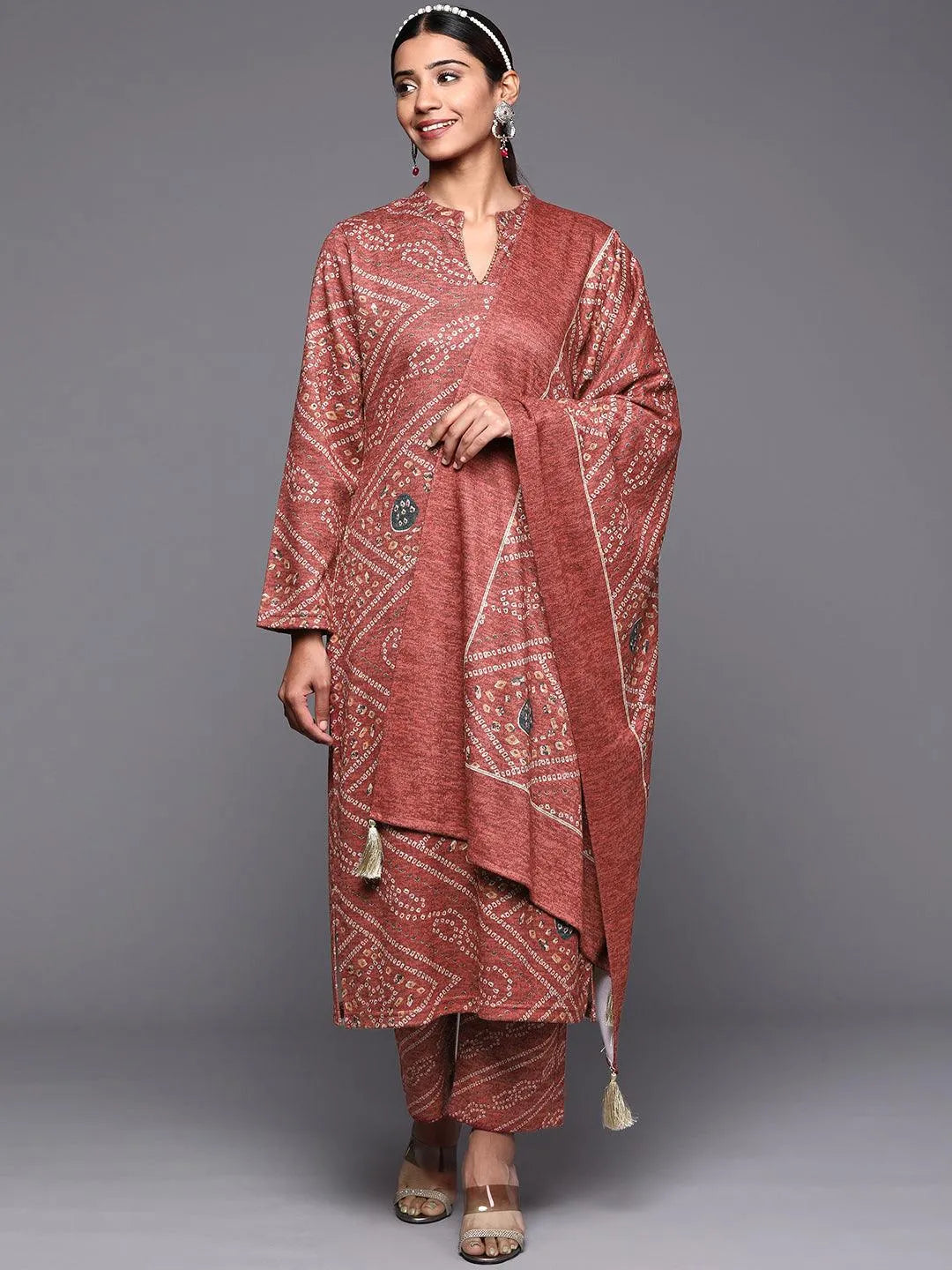 Pink Printed Wool Straight Suit Set - Jashvi