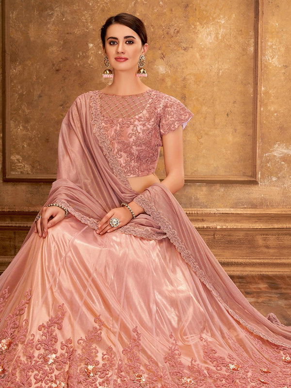 Women's Pink Satin Silk Designer Lehenga Choli - Odette