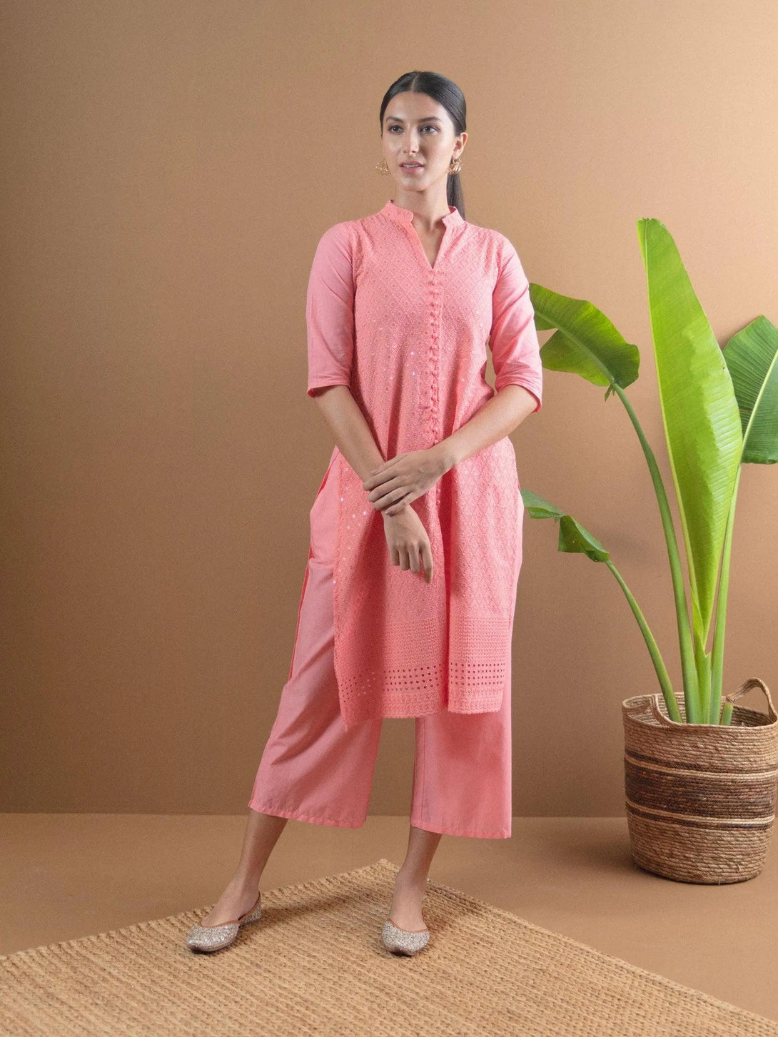 Pink Schiffli Cotton Kurta Set - Jashvi