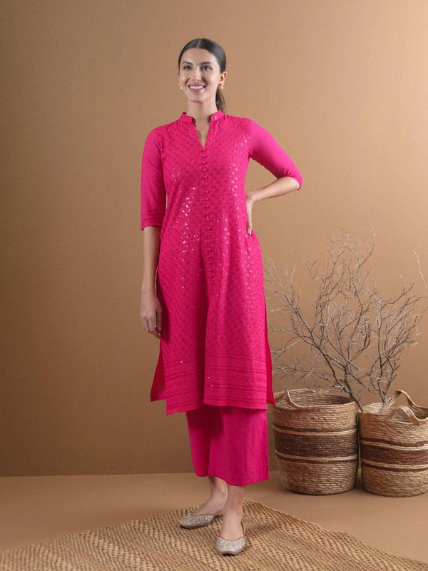 Pink Schiffli Cotton Kurta Set - Jashvi