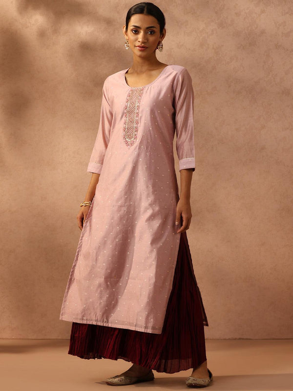 Pink Embellished Chanderi Silk Straight Kurta - Jashvi