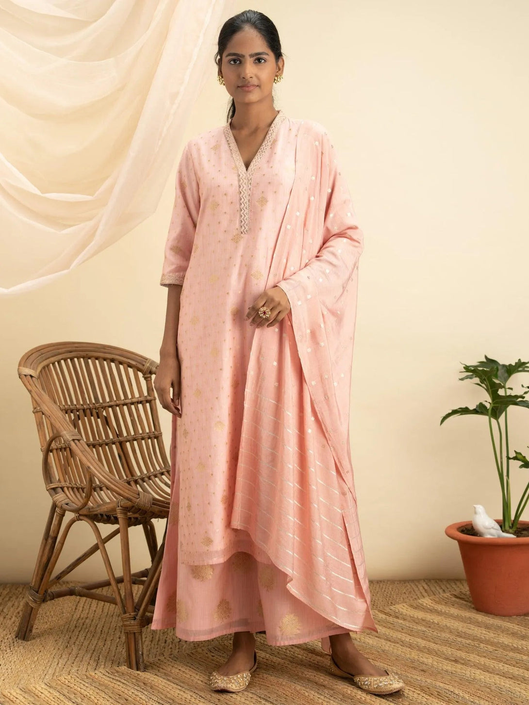 Pink Self Design Chanderi Silk Suit Set - Jashvi