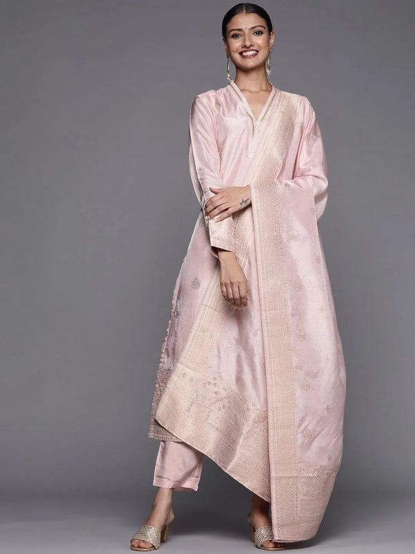 Pink Self Design Chanderi Silk Straight Suit Set - Jashvi