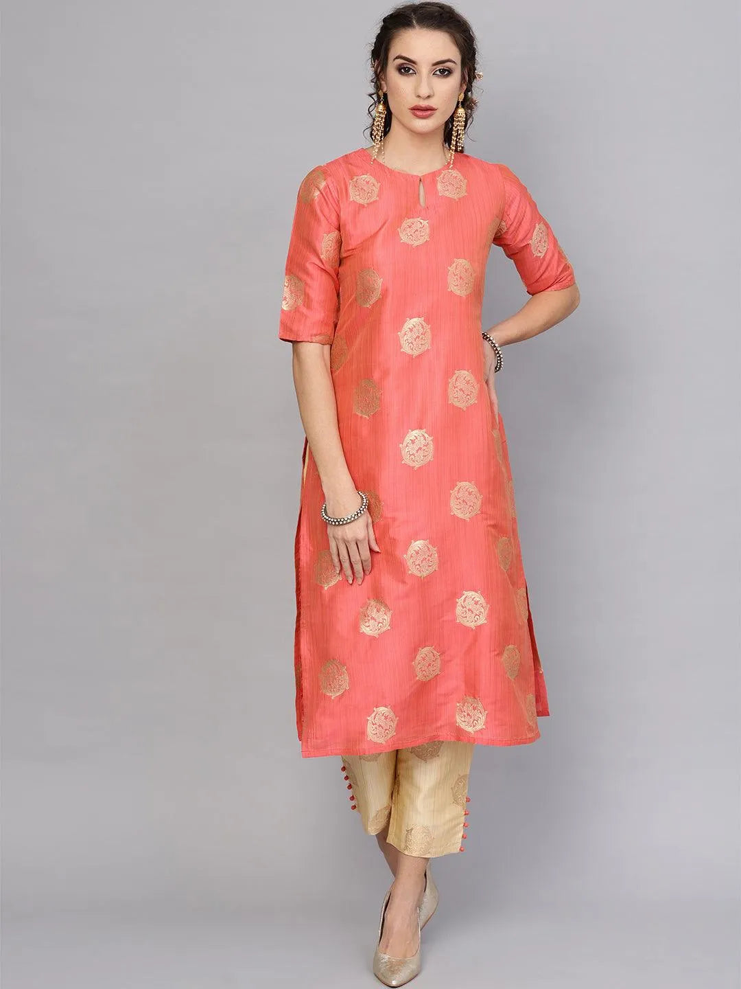 Pink Self Design Chanderi Kurta Set - Jashvi