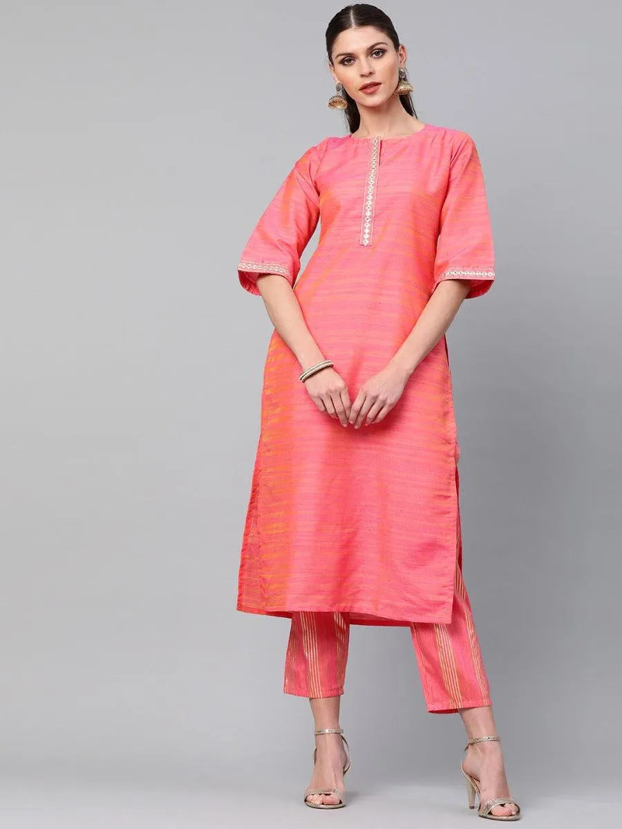 Pink Self Design Chanderi Kurta Set - Jashvi