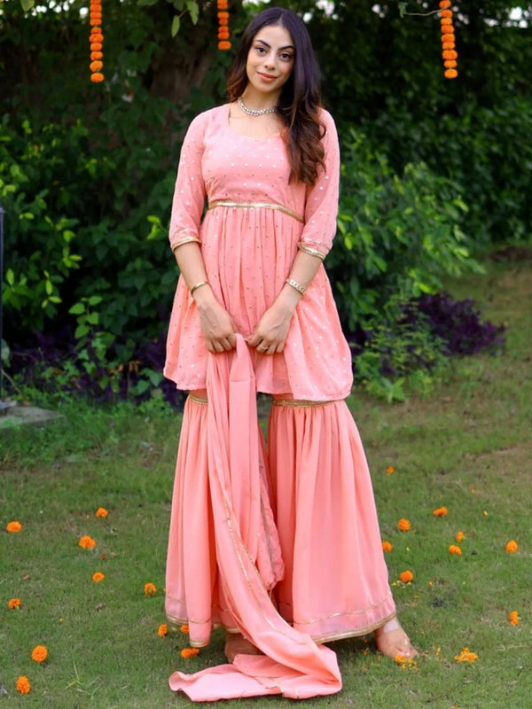 Pink Self Design Georgette Anarkali Kurta With Sharara & Dupatta - Jashvi