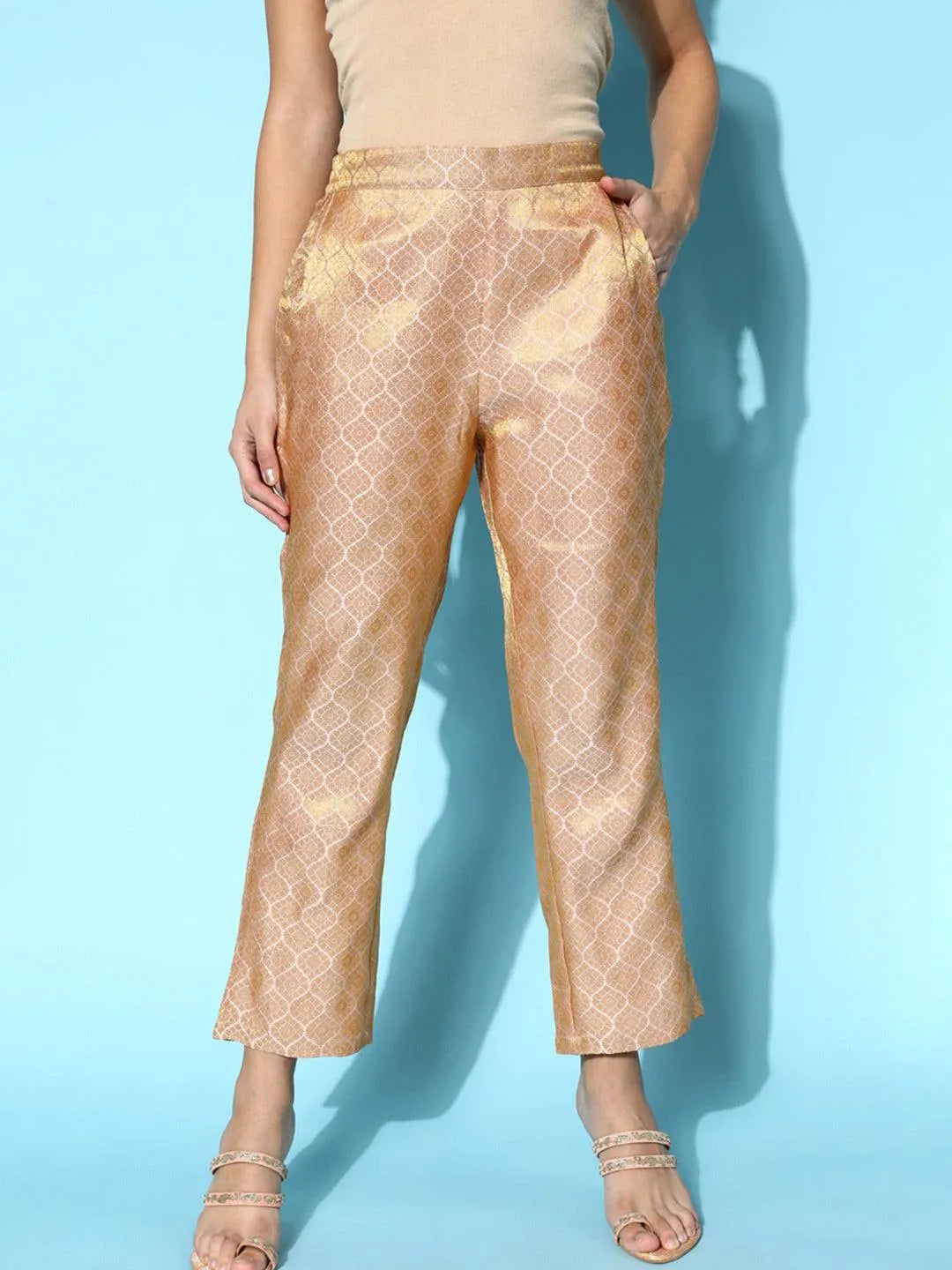 Pink Self Design Jacquard Trousers - Jashvi