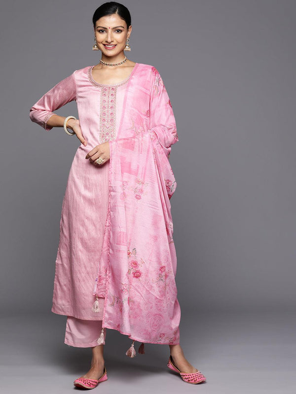 Pink Self Design Rayon Straight Kurta With Trousers & Dupatta - Jashvi