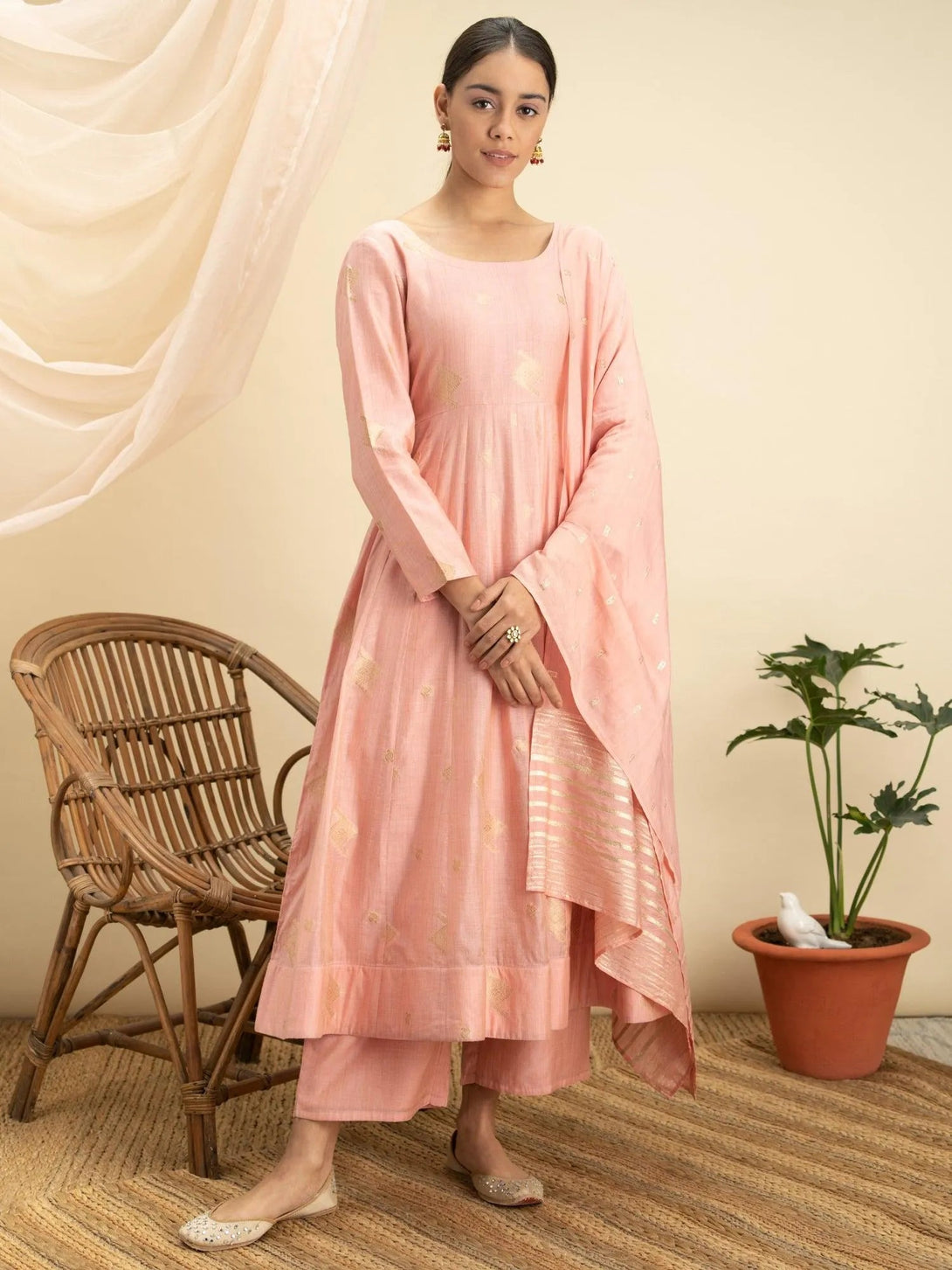 Pink Self Design Silk Suit Set - Jashvi