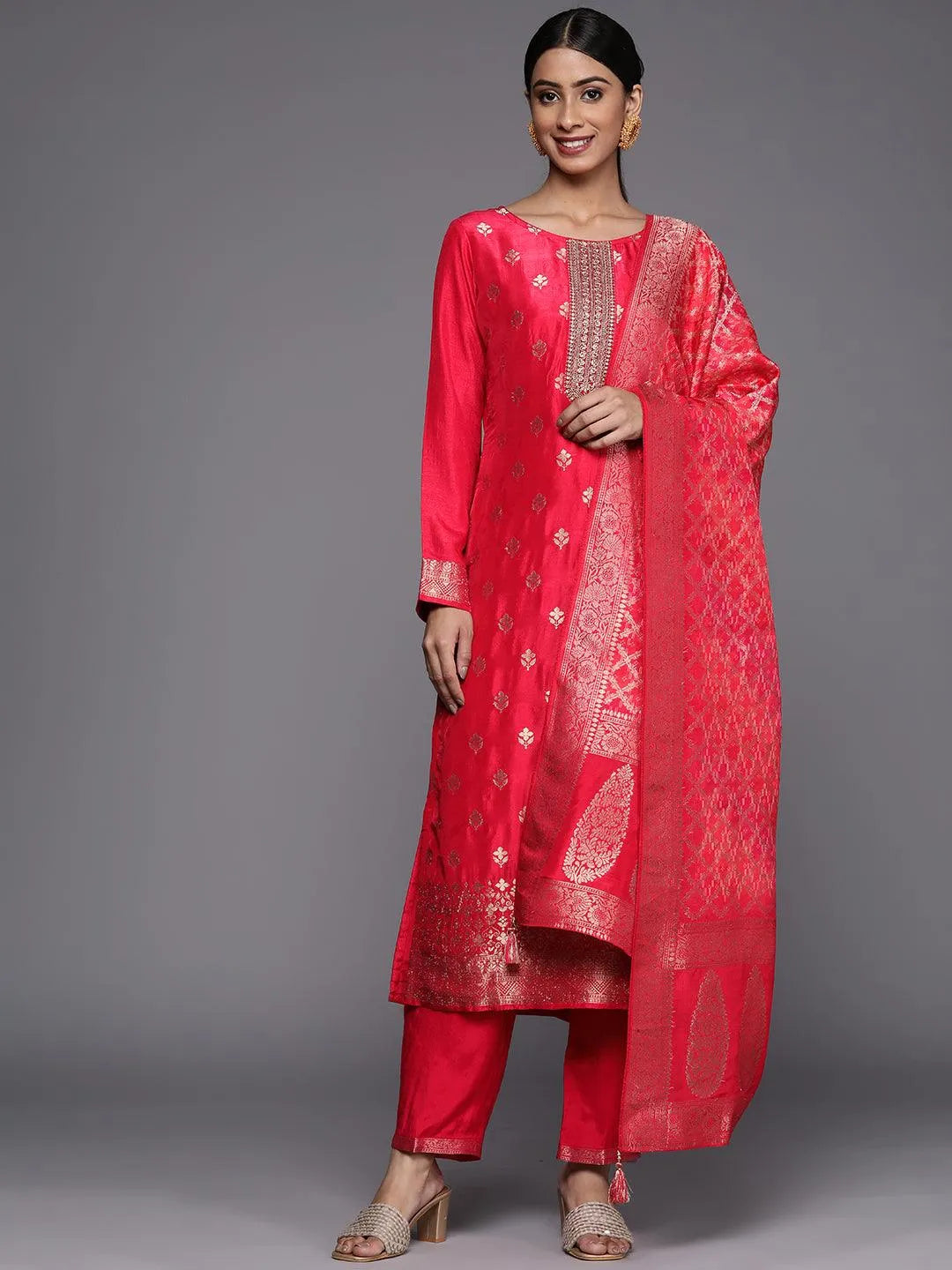 Pink Self Design Silk Blend Straight Suit Set - Jashvi