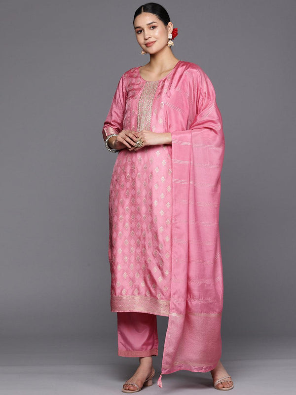 Pink Self Design Silk Blend Straight Suit Set With Trousers - Jashvi