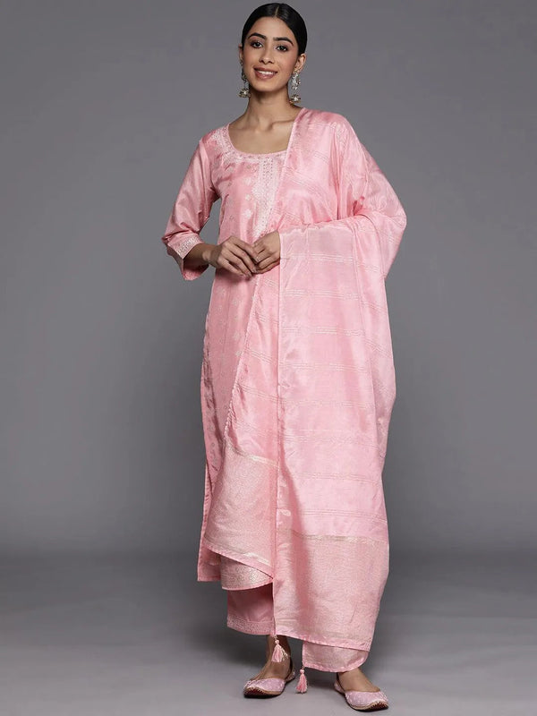 Pink Self Design Silk Blend Suit Set With Trousers - Jashvi