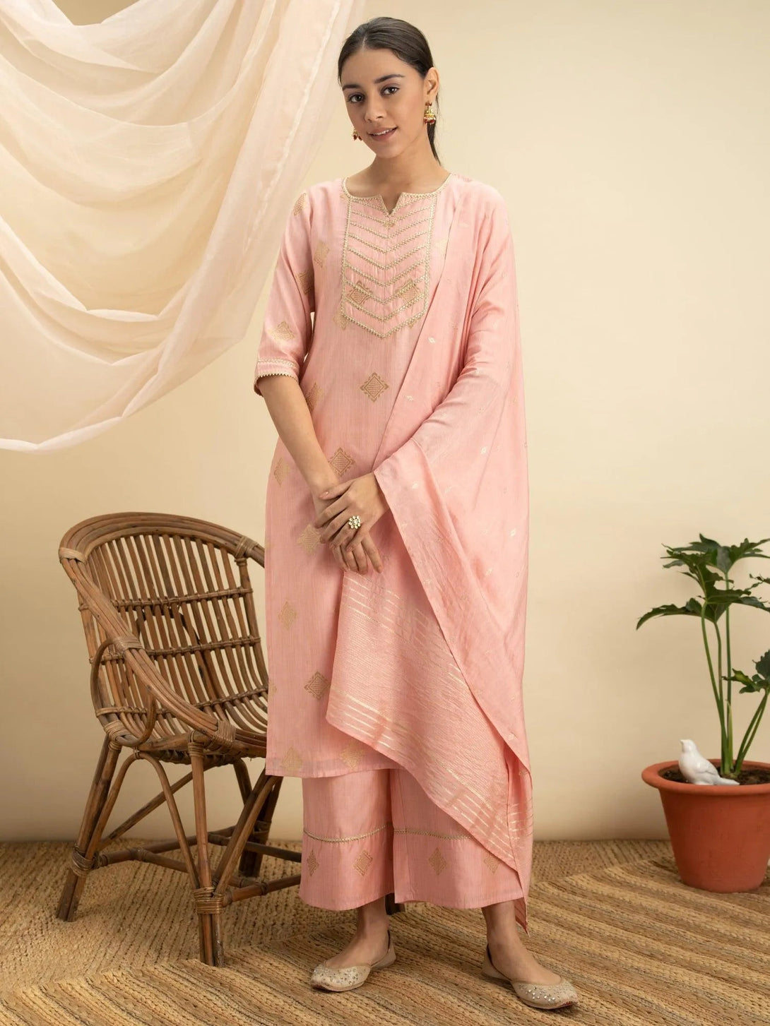 Pink Self Design Silk Suit Set - Jashvi