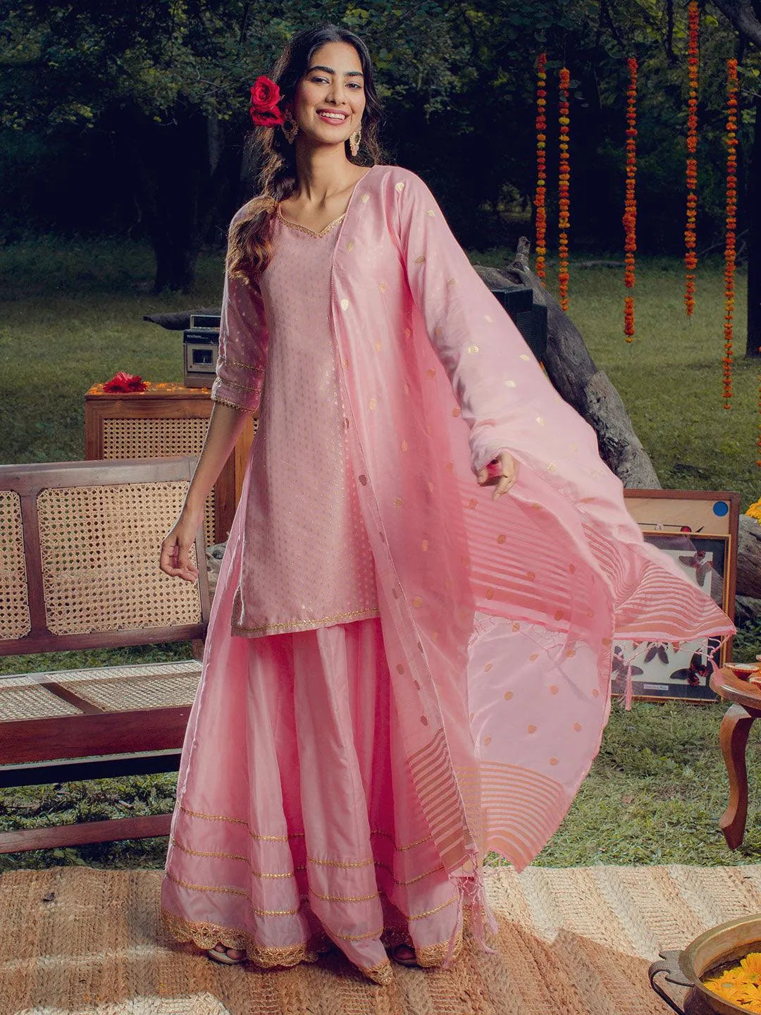 Pink Self Design Silk Suit Set - Jashvi