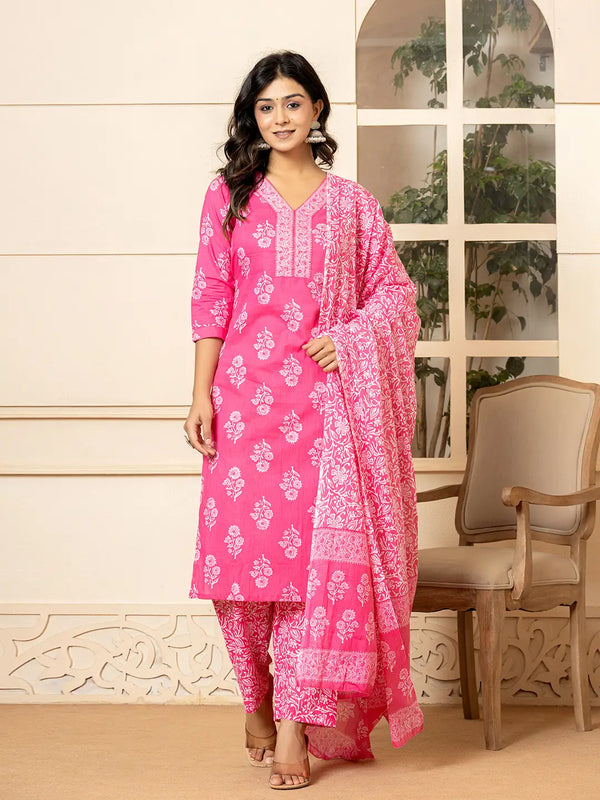 Pink Sequins_Work Pure Cotton Straight Kurta Dupatta Set