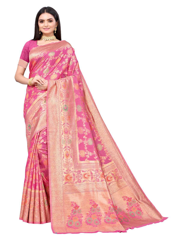 Women's Pink Silk Blend Woven Design Saree With Blouse - Odette