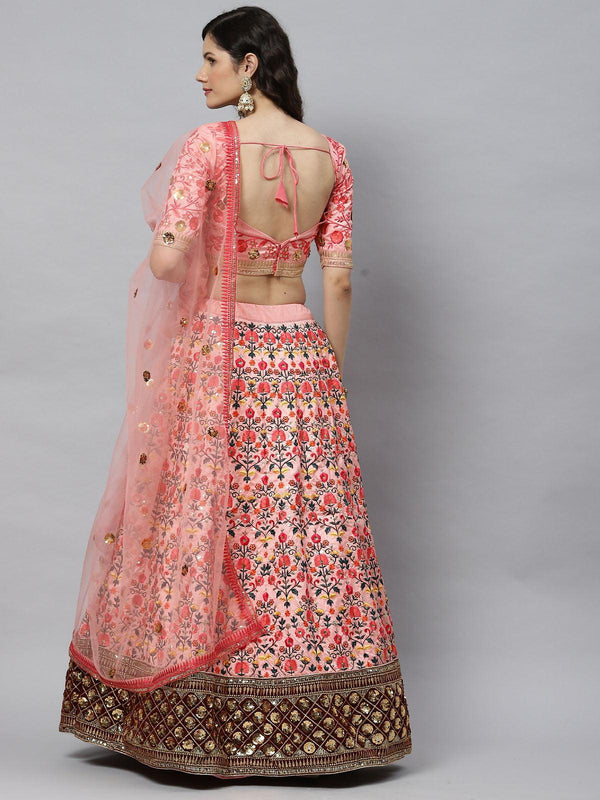 Women's Pink Silk Embroidered Lehenga Choli Set - Odette