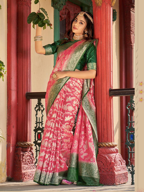 Women's Pink Silk Organza Heavy Designer Saree - Odette