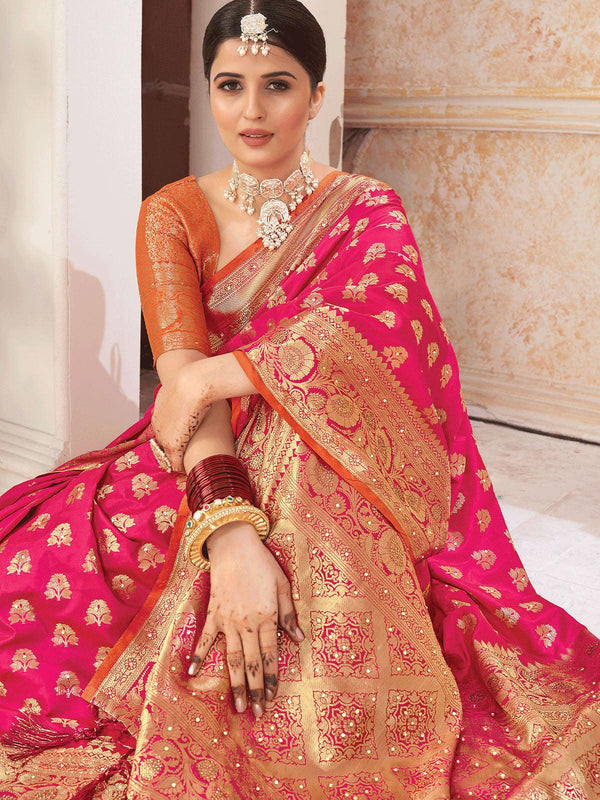 Women's Pink Silk Weave Designer Saree - Odette