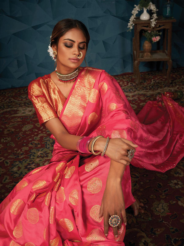 Women's Pink Silk Weave Designer Saree - Odette