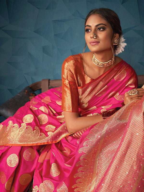 Women's Pink Silk Weave Designer Saree - Odette