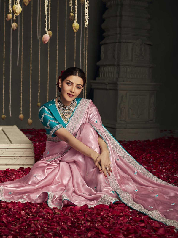 Women's Pink Silk Woven Design Saree With Blouse - Odette