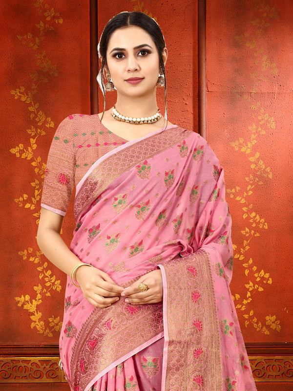 Women's Pink Soft Cotton Silk Heavy Copper Jari Meenakari Weave Designer Saree - Odette