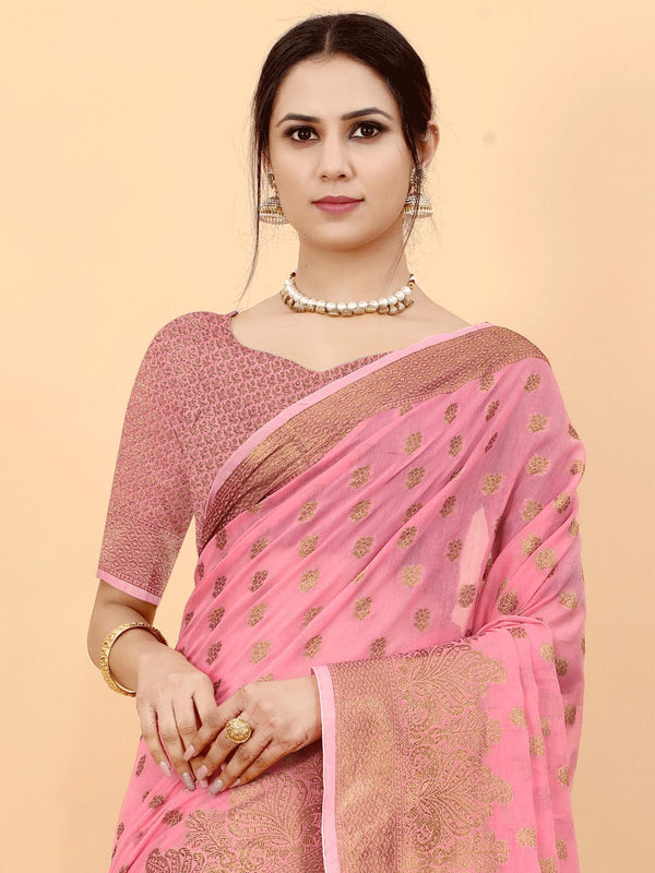 Women's Pink Soft Cotton Slub Heavy Jari Wevon Designer Saree - Odette